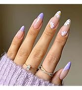 ANDGING Press on Nails Short Medium Almond, Fake Nails for Women with Nude Pink Purple White Flow...
