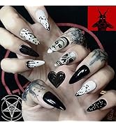 ANDGING Halloween Press on Nails Short Medium Almond, Fake Nails for Women with Black White Ghost...