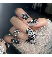 BABALAL Press on Nails Medium Coffin Fake Nails Black French Tip Glue ons Nails Cute Bow Anime He...