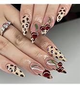 BABALAL Press on Nails Medium Almond Fake Nails Brown Cheetah French Tip Glue on 3d Texture Cherr...
