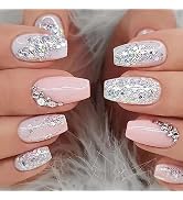 Press on Nails Coffin Medium Length False Nails with Silver Glitter Designs White Silver Full Cov...