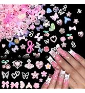 RODAKY Pink Nail Charms 3D Cherry Charms for Nails Butterfly Heart Nail Art Charms Mixed Style Re...