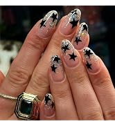 24Pcs Medium Almond Press on Nails with Black Five-pointed Star Design, Glossy Silver Glitter Fal...