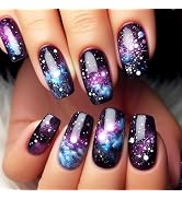 24Pcs Stars Sky Press on Nails Purple Gradient Acrylic Medium Square Fake Nail Universe Gel Glue ...