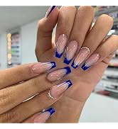 French Tip Press on Nails Square Fake Nails Full Cover Nude Blue False Nails Acrylic Nails Nature...