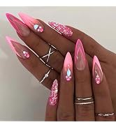 Almond Press On Nails French Tip Fake Nails, Full Cover Gel Reusable Acrylic Nails, Reusable Nail...