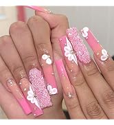 Long Press on Nails Pink French Tip Long Fake Nails Coffin Press on Nails Square False Nails with...