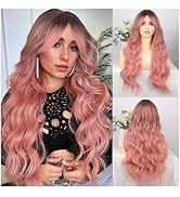Cisyia Pink Wig with Bangs Long Wavy Wigs for Women 26 Inch Synthetic Ombre Middle Part Dark Root...