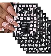 ZEYER 6 Sheets Nail Art Stickers 5D Self-Adhesive Cherry Blossom White Flowers Pattern Spring Sum...