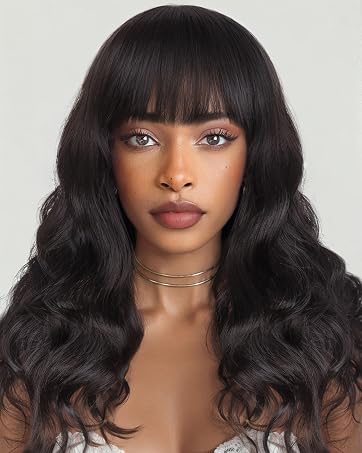 Natural Wave Wigs with Bangs Brazilian Human Hair Wave Wigs For Black Women Natural Black