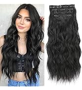 Cisyia Long Black Hair Extensions for Women 4PCS Wavy Synthetic Hair Clips in 20 inches Thick Hai...