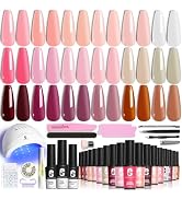 Clara Colors Gel Nail Polish, 18 Colors Nude Pink Brown Cherry UV Gel Nail Polish Set and Base To...