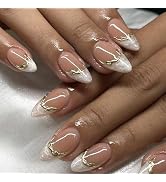 White French Tip Press on Nails Short Almond Fake Nails with 3D Gold Chrome Design Glue on Nails ...