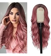 HMHIFI Long Wavy Pink Wig for Women 26 inch Curly Middle Part Ombre Hair Wig Natural Looking Upg...
