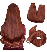 ShowJarlly Tape in Hair Extensions Human Hair 16 Inch Dark Auburn Hair Extensions Super Sticky Ta...