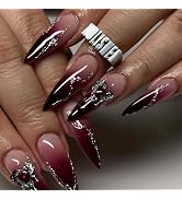 Stiletto Press on Nails Red Fake Nails Press ons with Heart Nail Charms Designs Long Ombre False ...