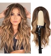 Haoland Blonde Wigs For Women Long Wavy Ombre Blonde Wig With Dark Roots Middle Part Synthetic He...