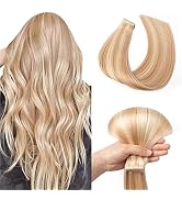 ShowJarlly Tape in Hair Extensions Human Hair Ash Blonde Highlighted Bleach Blonde Straight Seaml...