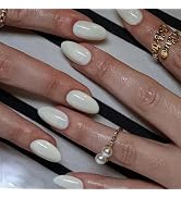 White Press on Nails Almond Fake Nails Short Almond False Nails Press ons with Designs Acrylic Na...