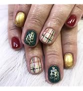 Christmas Press on Nails Short Square Colorful Fake Nails with Gold Glitter Chrismis Tree Designs...