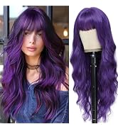 MINSEEYOO Dark Purple Wig with Bangs for Women Long Purple Wavy Wigs 26 Inch Dark Purple Wigs Nat...