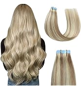 Sunya Tape in Hair Extensions Human Hair Ash Blonde Highlighted Bleach Blonde 18 Inch Straight Ta...