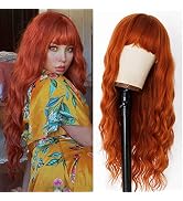 EVLYNN Wigs With Bangs Orange Wavy Wig For Women Synthetic Fiber Hair 26 Inches Long Curly Brown ...