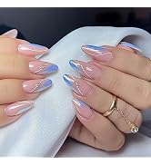 MUZOXEN French Tip Press on Nails Medium, Almond Fake Nail with Rhinestones Designs, Acrylic Stic...