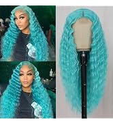xccoco Curly Wig Long Teal Wigs for Black Women Long Deep Wave Synthetic Lace Front Wig with 4