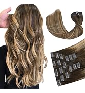 HUAYI Hair Extensions Real Human Hair Ombre Medium Brown with Caramel Blonde Balayage 120g 16 inc...