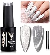 YOKE FELLOW Cat Eye Gel Nail Polish, Silver Wide Cat Eye Soak Off UV LED Nail Polish Salon Manicu...