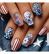 Flower American Flag Press on Nails Medium Square Independence Day Fake Nails Glossy 4th of July ...