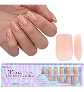 Short Sqaure Gel Nail Tips - BTArtboxnails Nude Peach Soft Gel Nail Tips, 2 in 1 Neutral X-coat T...