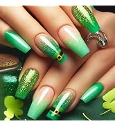 St. Patrick's Day Press on Nails Medium Coffin Green Gradient Fake Nails with Glitter Designs Gre...