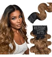 Lashey Clip in Hair Extensions Ombre Natural Black to Medium Auburn Seamless Clip in Hair Extensi...