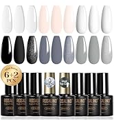 ROSALIND White Black Gel Nail Polish Set with Matte and Glitter Top Coat, 6 Colors Black Milky Wh...