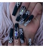 Halloween Press on Nails Long Coffin SWEKKE Fake Nails White Spider Web Black Full Cover False Na...