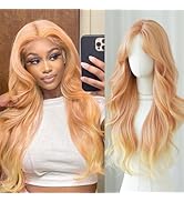 SAPPHIREWIGS Orange Wig Wear And Go Glueless Synthetic Fiber Wig Long Coral Orange with Yellow Ti...