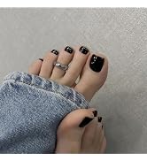 Black Press on Toenails for Women Short Solid Black Fake Toe Nail Press ons Summer Beach Toenails...
