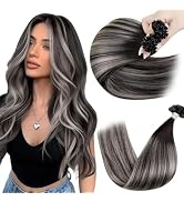 Hetto K Tip Hair Extensions Real Human Hair Balayage Black to Silver Grey Ktip Human Hair Extensi...