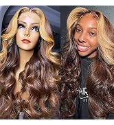 Skunk Stripe Wig Human Hair Lace Front #4 Dark Brown Mixed Honey Blonde Lace Front Wigs For Black...