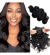 Body Wave Seamless Clip in Hair Extensions Human Hair, Natural Black PU Skin Weft Clip ins Hair E...