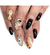Halloween Press on Nails Medium Almond Fake Nails Black Skull False Nail Full Cover Pumpkin Fake ...