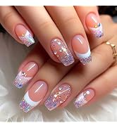 Purple Glitter Press on Nails Short Coffin Fake Nails with Rhinestone Designs French Tip Acrylic ...