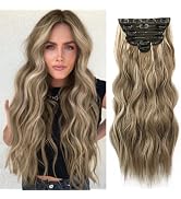 NAYOO Clip in Hair Extensions for Women 20 Inch Long Wavy Curly Medium Brown Ash Blonde Hair Exte...