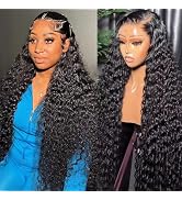 RAYFOG Deep Wave Lace Front Wigs Human Hair Pre Plucked 180% Density 13x4 Deep Curly HD Transpare...
