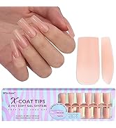 Long Square Gel Nail Tips - BTArtboxnails Nude Peach Soft Gel Nail Tips, 2 in 1 Neutral X-coat Ti...