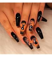 Halloween Press on Nails Medium Coffin Fake Nails Full Black Cat False Nails Eerie Acrylic Stick ...