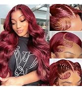 26 Inch 99j Burgundy Body Wave Lace Front Wigs Human Hair Glueless 180 Density 13x4 HD Transparen...