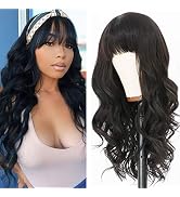 EVLYNN Wigs With Bangs Long Curly Wavy Wave Wig Synthetic Fiber Natural Black Hair Glueless Long ...
